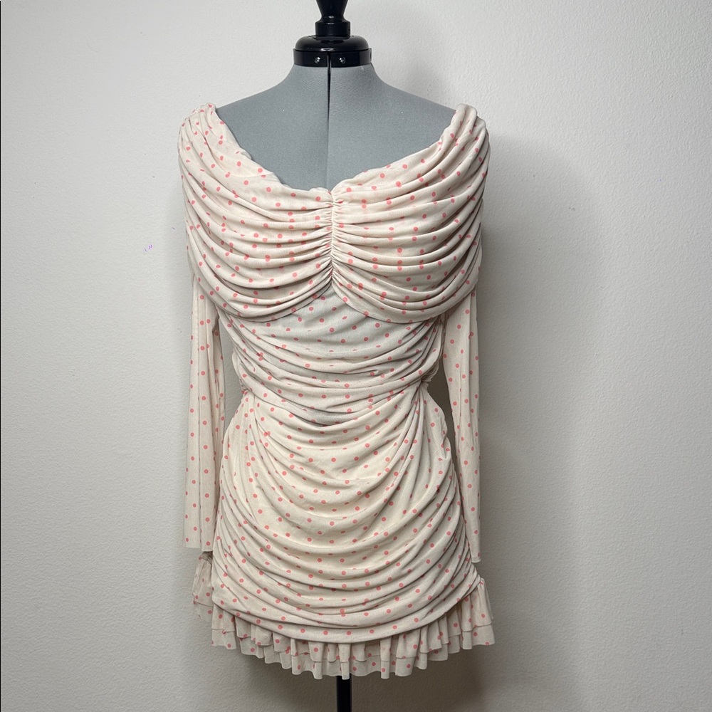 NWT Ruched Long Sleeve Mesh Pink Polka Dot Mini Dress Queen XXL - Picture 6 of 8